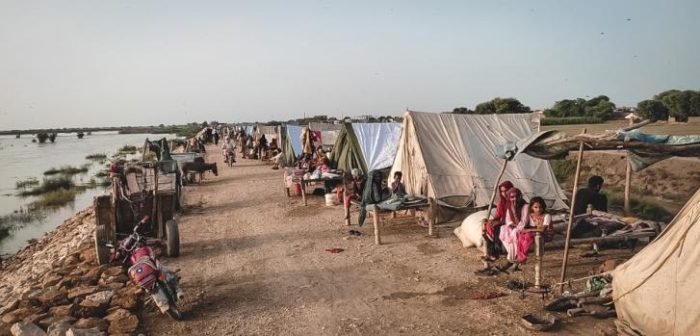 Las personas afectadas por las inundaciones se refugian en tiendas de campaña en el dique de protección contra inundaciones en la aldea de Johi, distrito de Dadu en la provincia de Sindh.MSF.