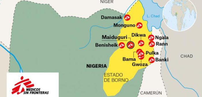 Mapa de Nigeria: en septiembre de 2017 MSF manejaba 11 instalaciones médicas en seis ciudades de Borno (Maiduguri, Ngala, Monguno, Gwoza, Pulka y Banisheikh) y tenía actividades médicas en Bama, Banki, Dikwa, Damasak y Rann. En marzo de 2018 MSF tiene que suspender sus actividades en Rann.  ©MSF